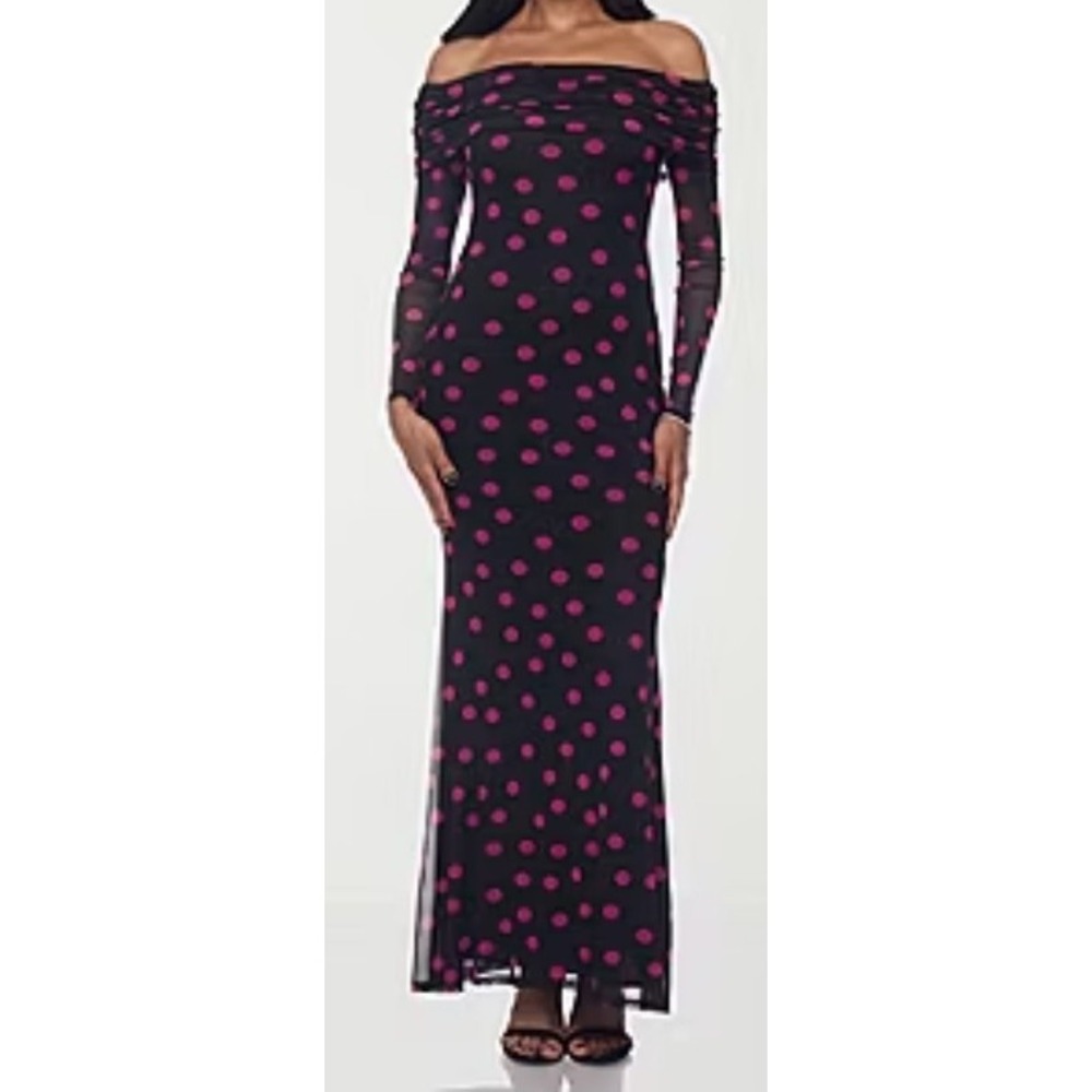 Womens Cowl Neck Long Sleeve Sheer Polka Dot Evening Party Glam Dance Maxi Dress